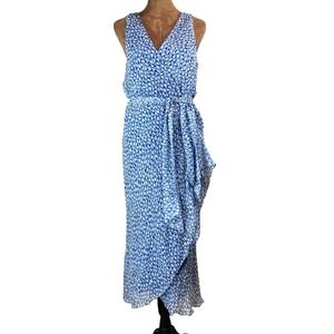 Vintage Redux 100% Silk Wrap Midi Dress Blue Gray Dot Size 8 Elegant
